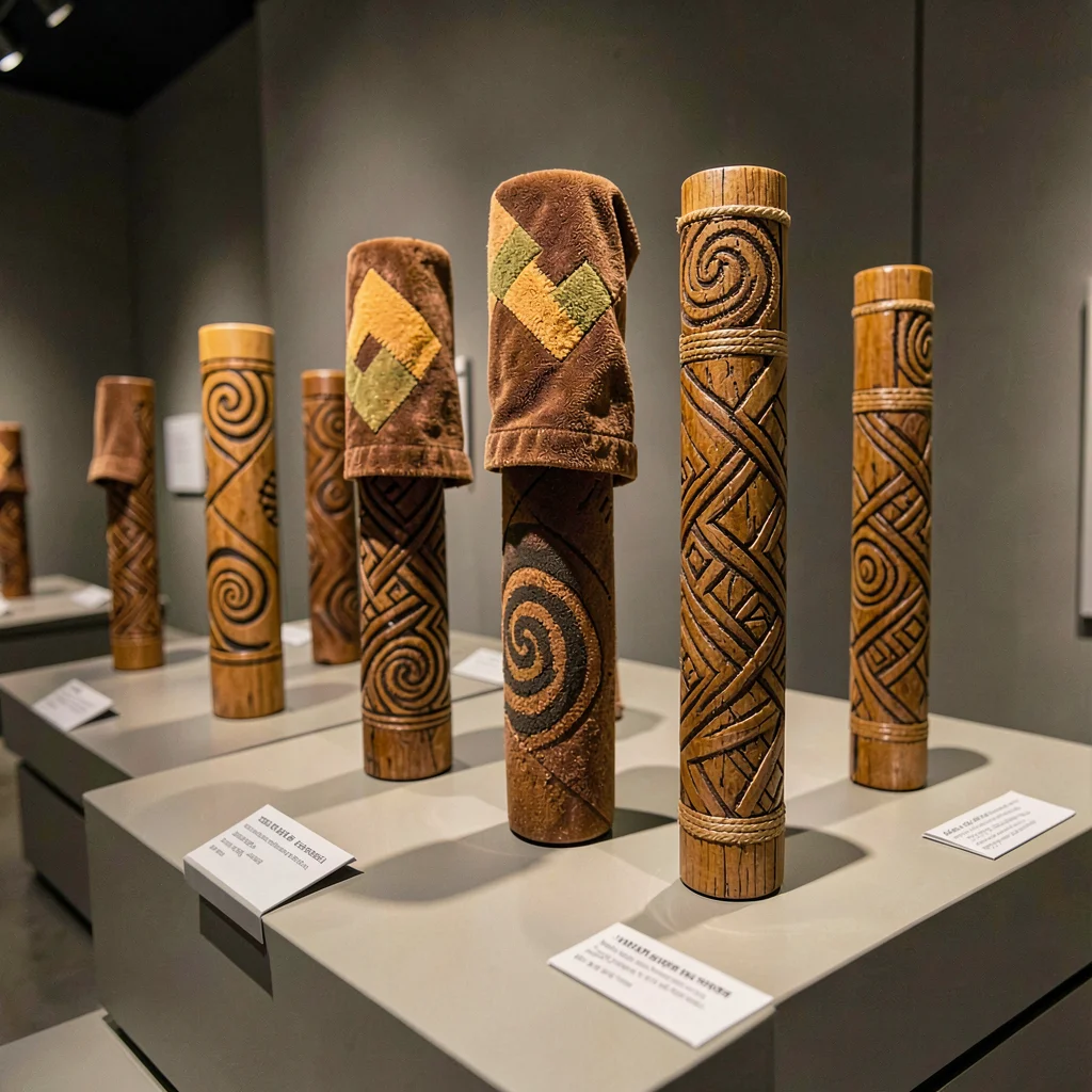 Warm tapa cloth browns and geometric pattern rhythm, Wooden war clubs in a museu