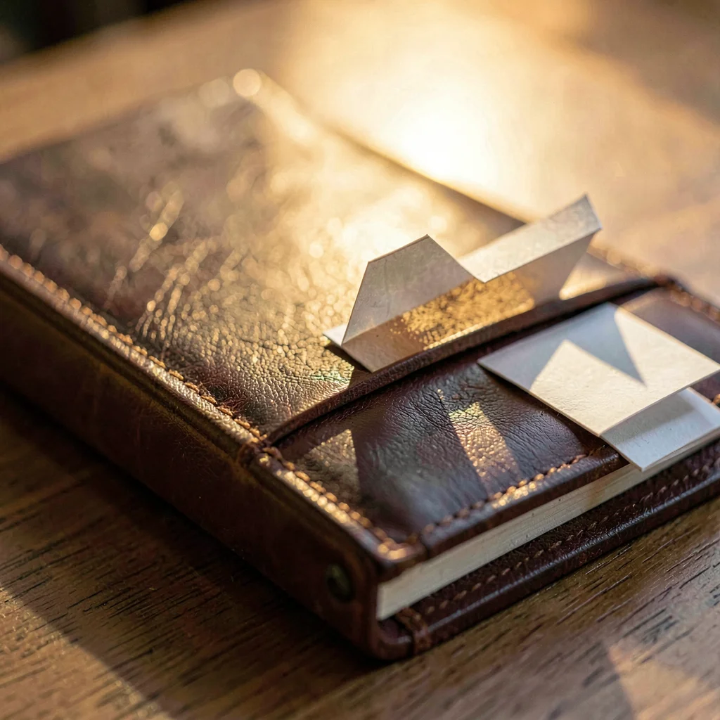 Macro of a leather portfolio with paper tabs jutting out, golden-hour glow