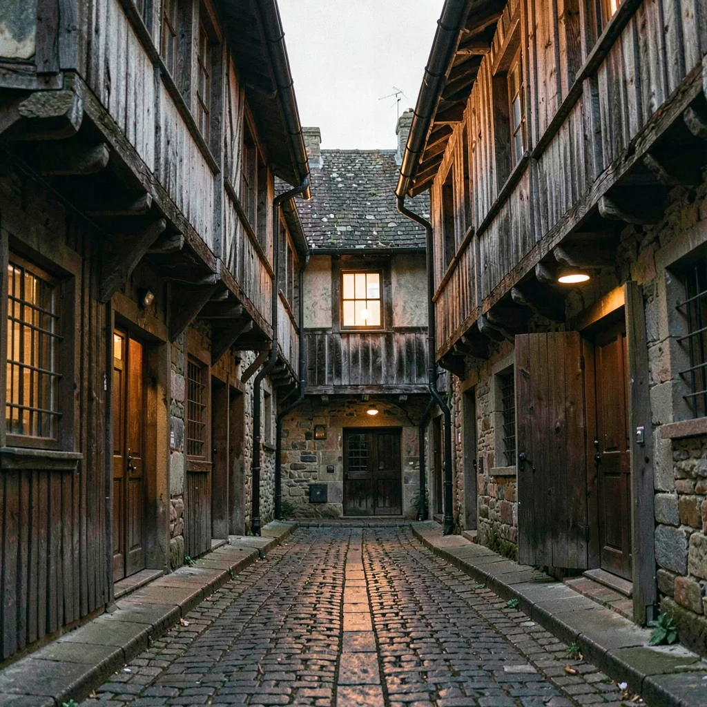 Atmospheric narrow lane with overhanging timber stories and a single lit window