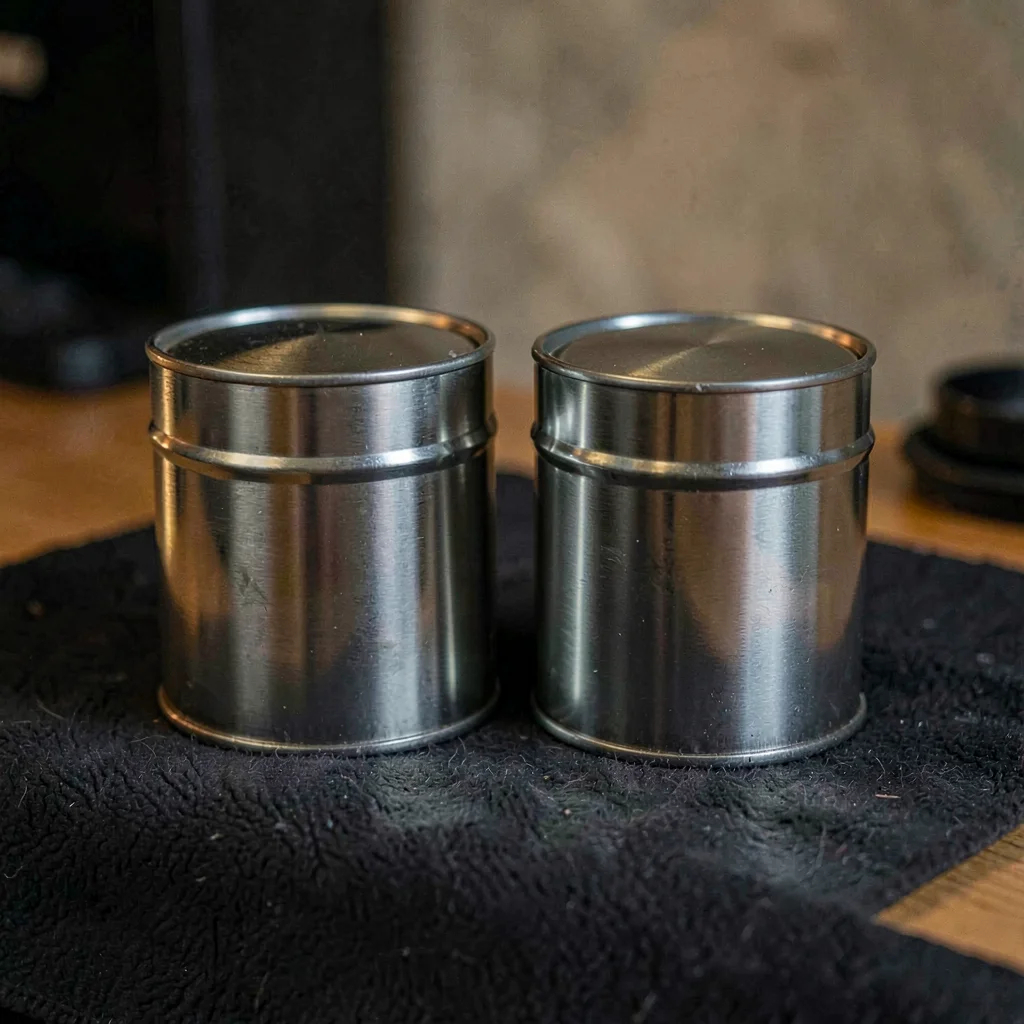 Moody lightbox shot of a polished boston shaker tin pair on a charcoal sweep, si