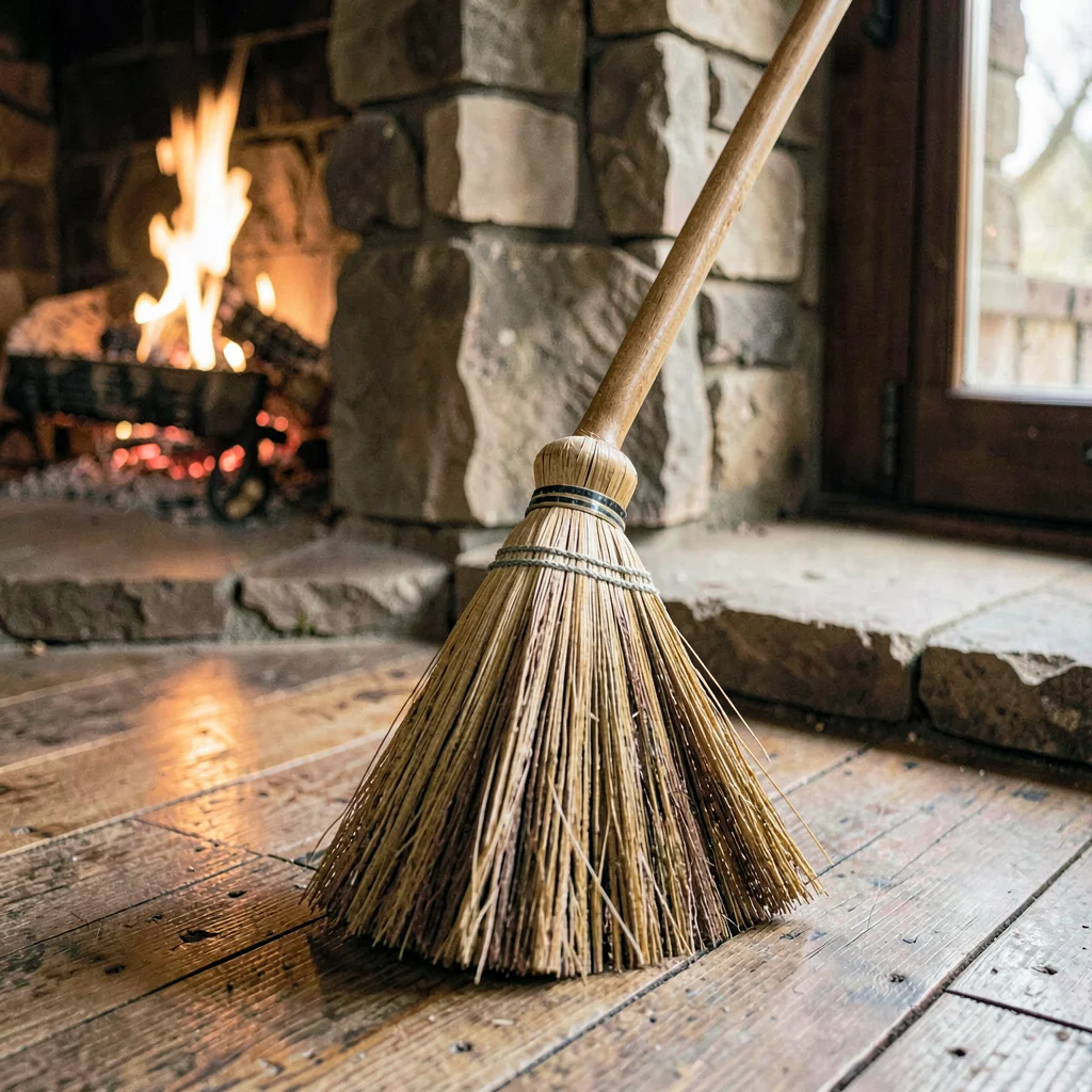 Single hearth broom on a worn wooden floor beside a stone fireplace, warm glow