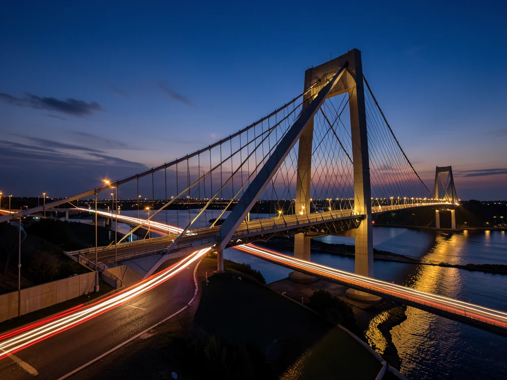 Modern suspension bridge at twilight with car light trails