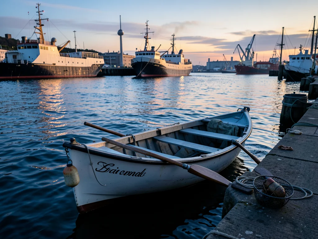 A rowing dinghy tied to a pier, gentle waves rocking it, oars shipped, a crab po