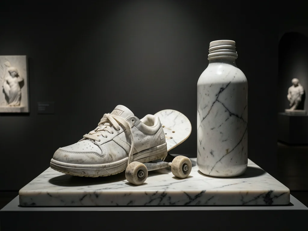 A contemporary still life carved in marble: a sneaker, a skateboard, and a water