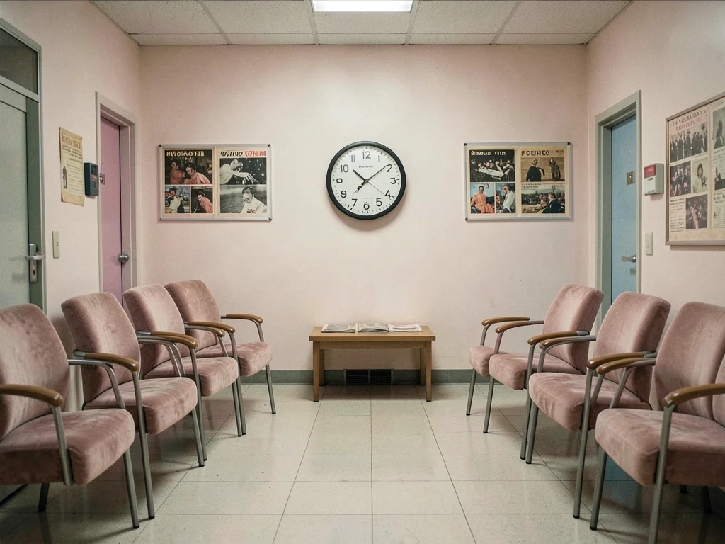 Waiting room with symmetrical seating, dusty pink chairs facing each other, anal
