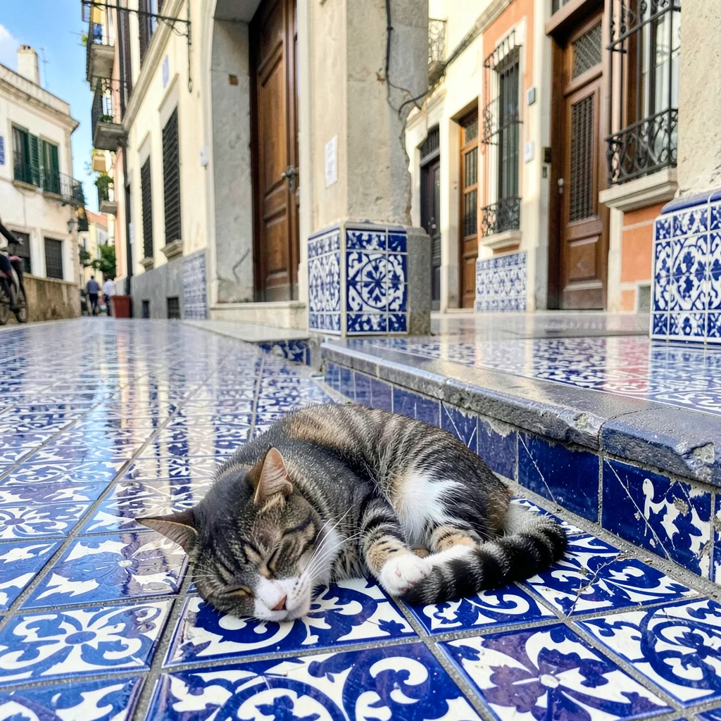 Azulejo tile geometry, Portuguese ceramic culture, A cat sleeping on a blue tile