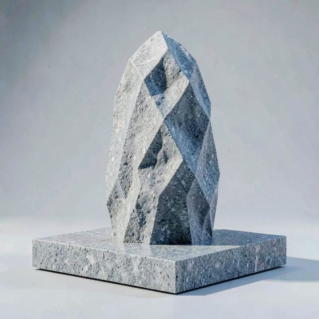 Faceted stone monolith rising from a flat plinth, raking sidelight carving each 