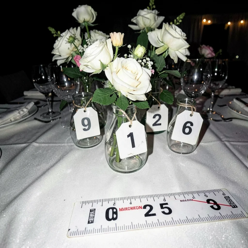 Wedding reception centerpieces with evidence tags and harsh flash