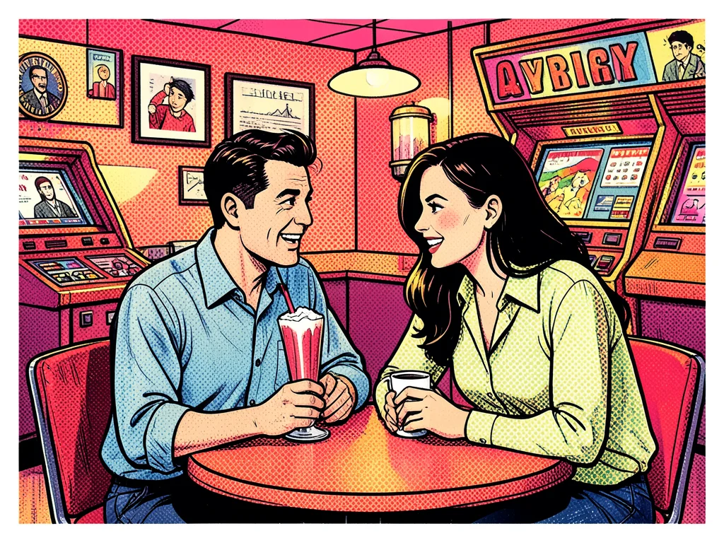 Couple on date in pop art diner, milkshake, jukebox, benday dots throughout