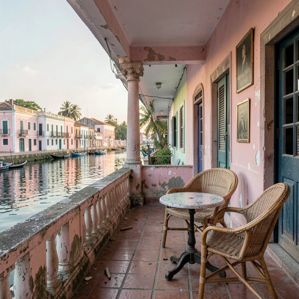 Soft morning light on faded colonial pastels, Saint-Louis Senegal, Hotel de la P