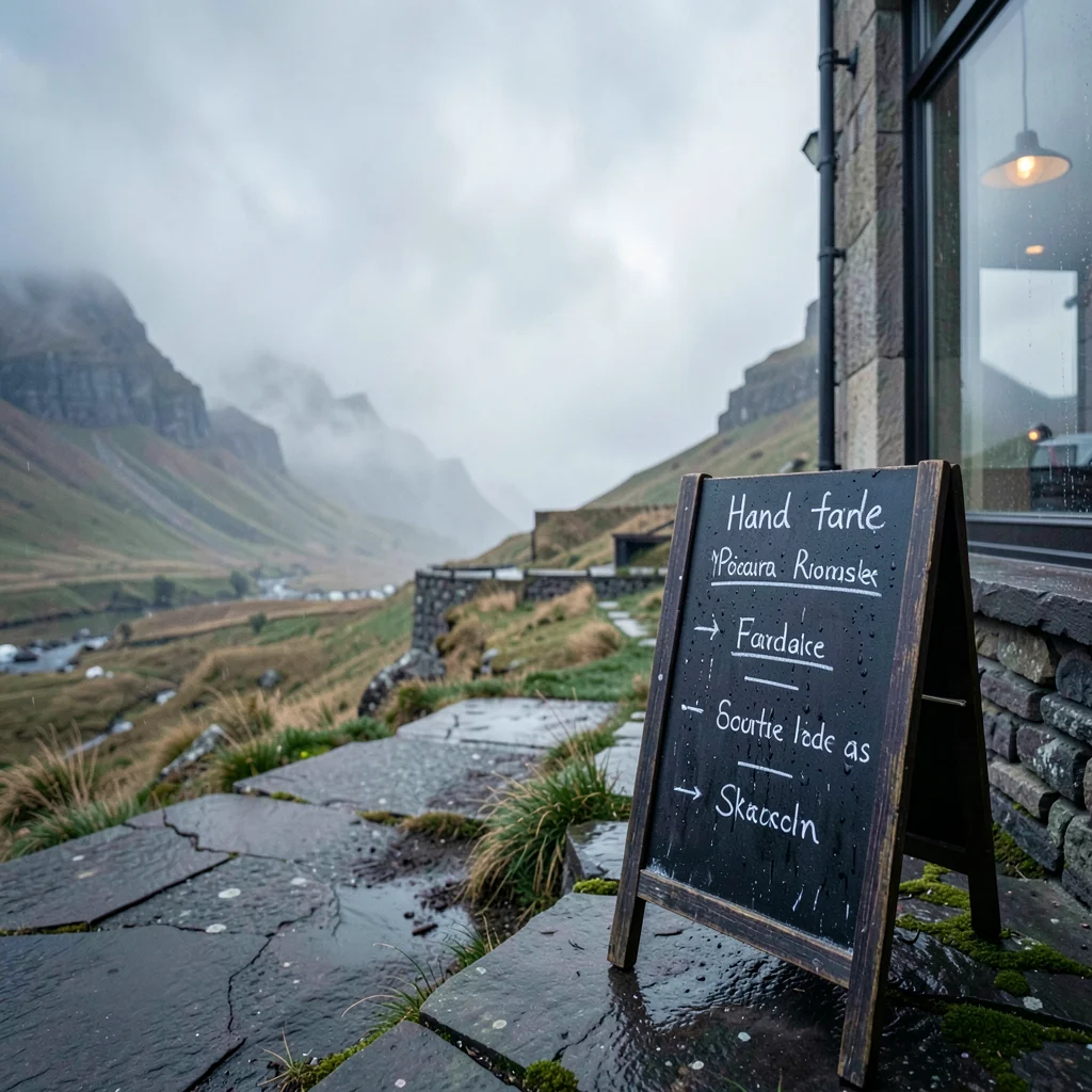 Highland atmospheric mist, Skye grey-green-purple, Hand written menu board outsi