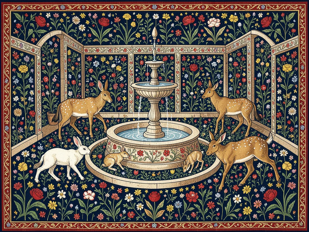 Animals Drinking at Walled Garden Fountain