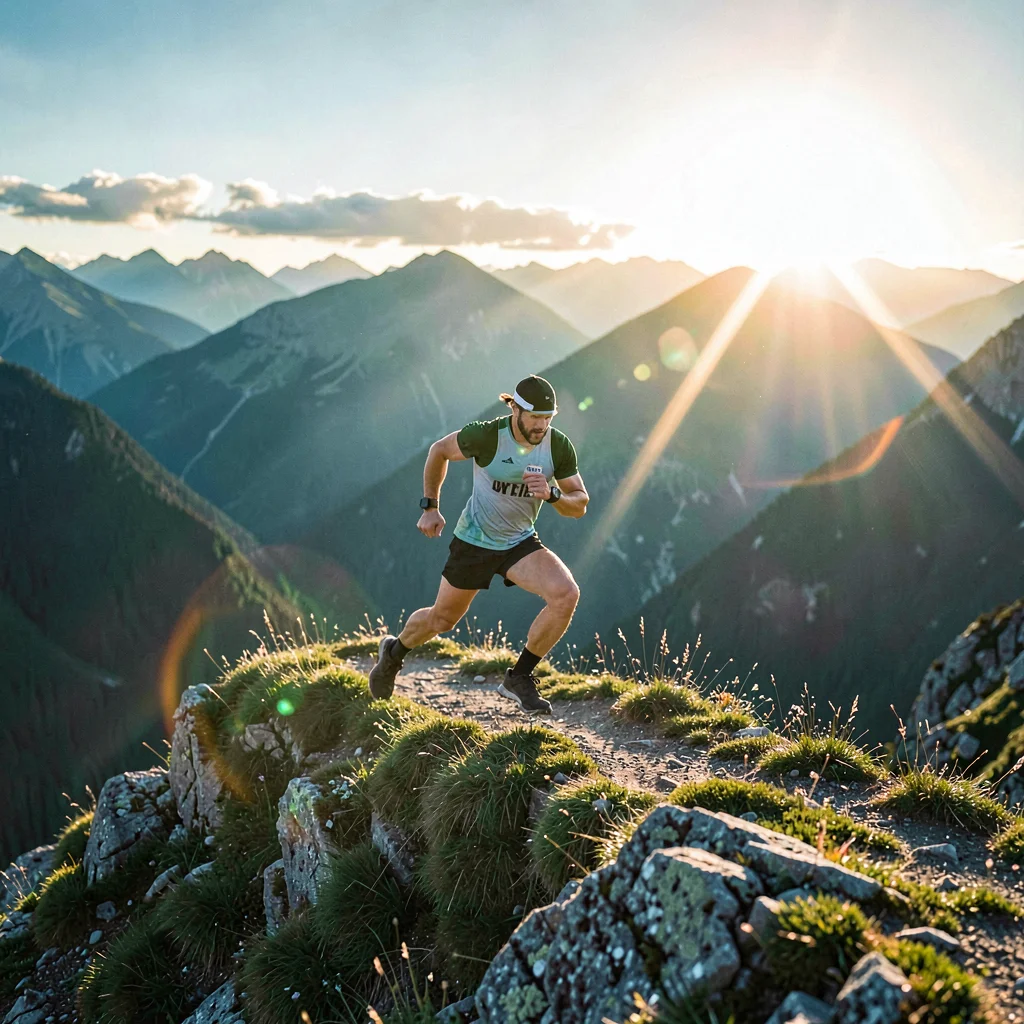 Cinematic plate of a trail runner cresting a ridge at golden hour, lens flare ac