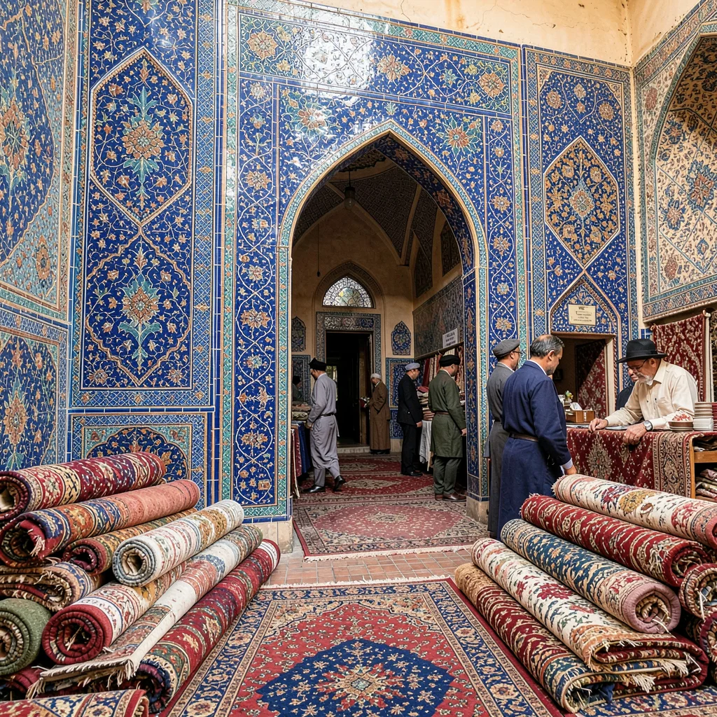 Samarkand blue majolica against Central Asian terracotta, carpet merchant surrou
