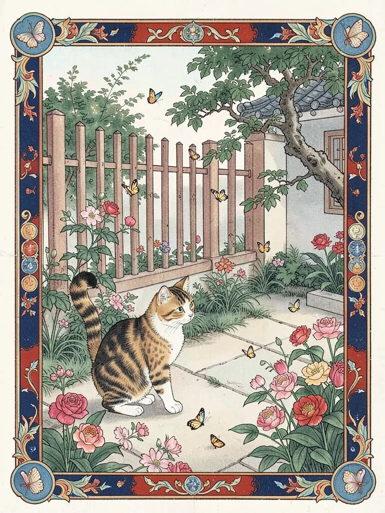 Cat watching butterflies in a courtyard garden with fence and flowers