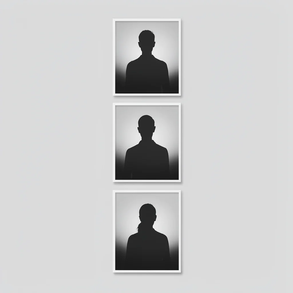 Vertical layout of three stacked story-frame silhouettes climbing the frame