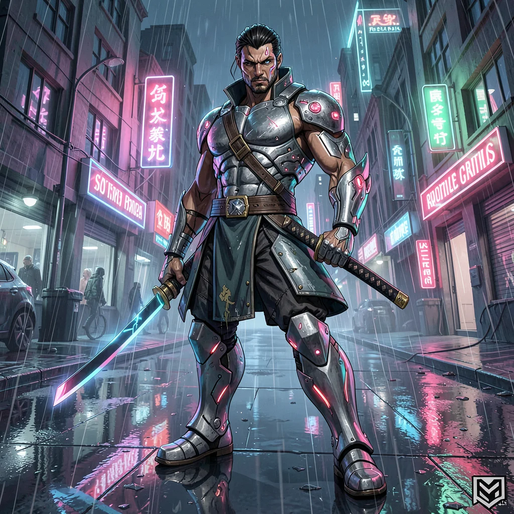 Video game concept art illustration, a cyberpunk street samurai with neon-lit au