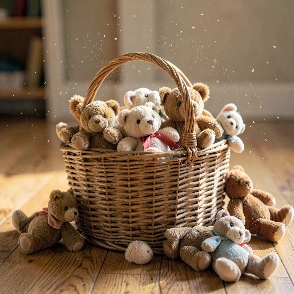 Vertical hero of a wicker basket of stuffed toys spilling onto a wood floor, dus