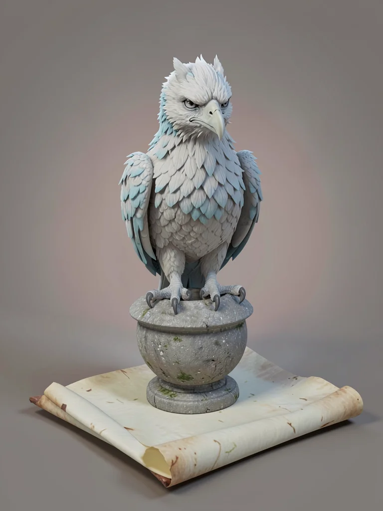 Snowy alabaster harpy with pale-grey feathers tipped in soft blue and a serene m