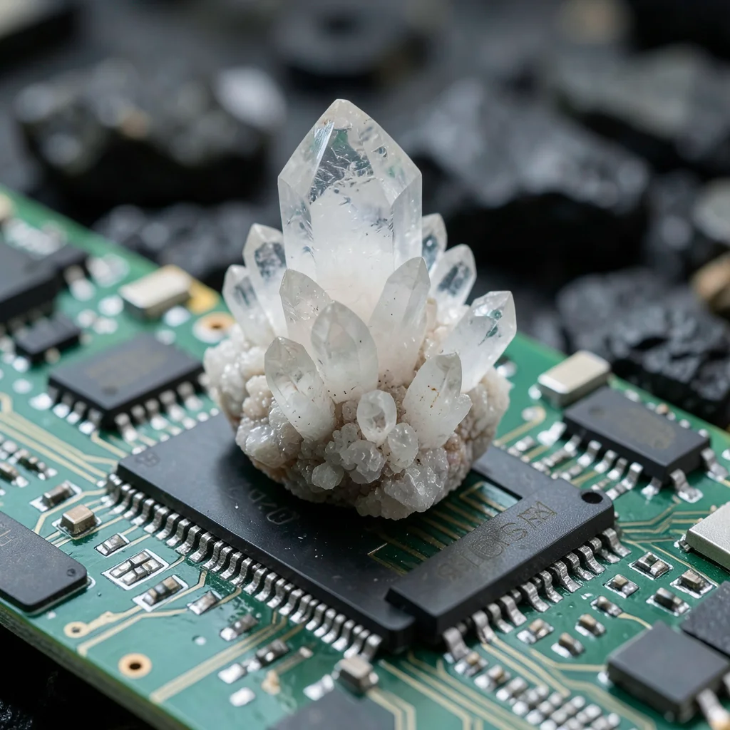 Quartz crystal cluster growing from circuit board, technology meets geology
