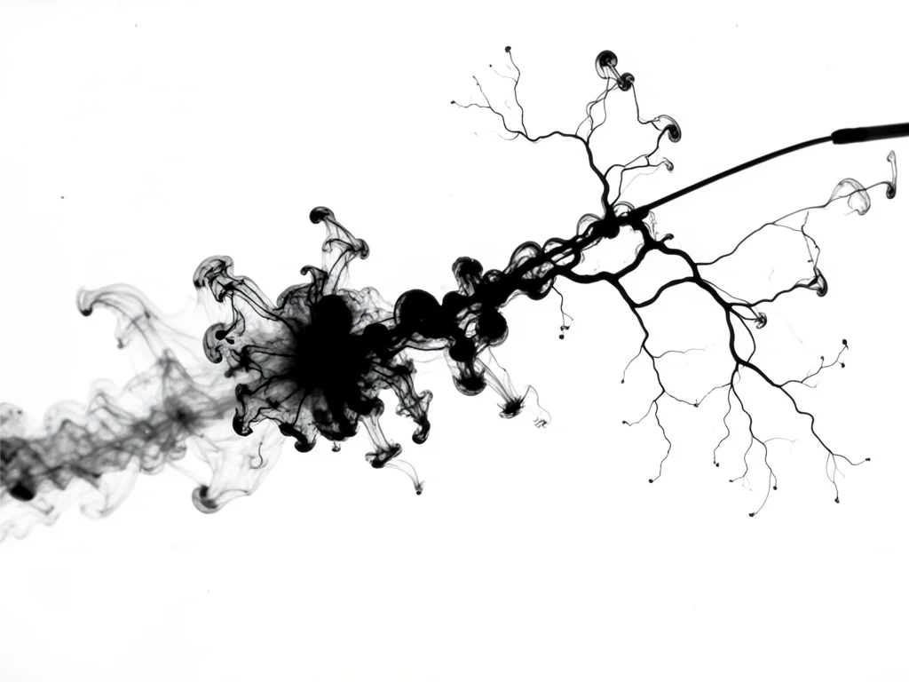 Dense black sumi ink dragged through water by a thin needle, leaving a dark trai