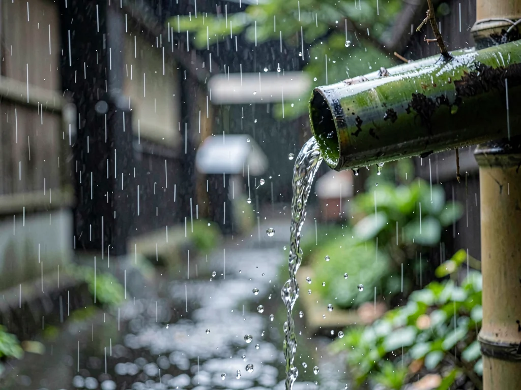 Rain stream from bamboo gutter