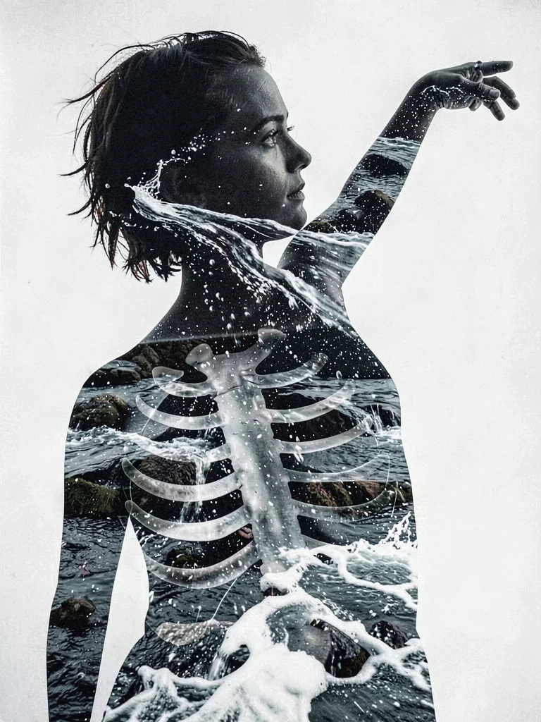 Dancer's silhouette filled with flowing water, fluidity of movement made literal