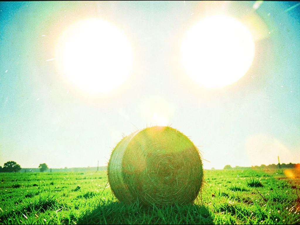 Two suns hanging side by side above a single round haybale alone in a field of g