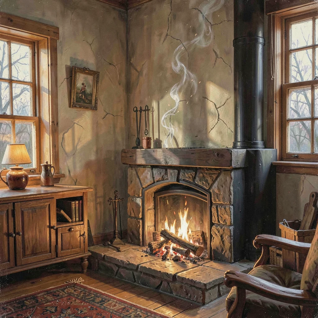 Painterly mood vista of a quiet hearth in the home base, embers floating up the 