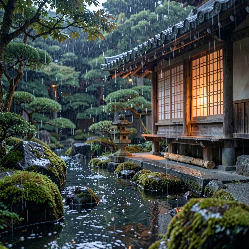 Through the textile eye of Kyoto, woven and dyed, Rain falling on a temple garde