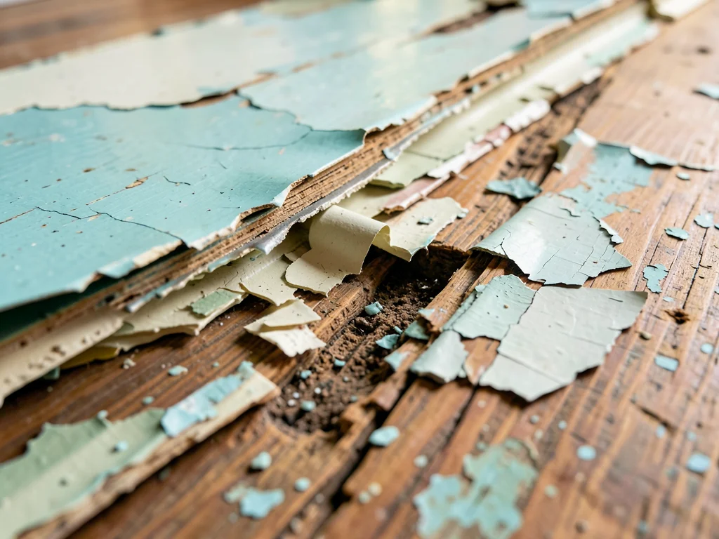 Wooden floor paint worn by foot traffic, revealing path of heaviest use through 