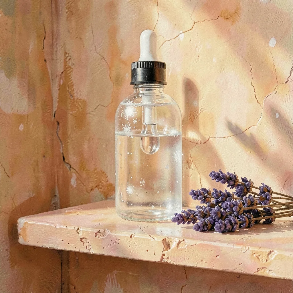 Warm hero of a frosted serum bottle on a peach plaster shelf, dried lavender bes