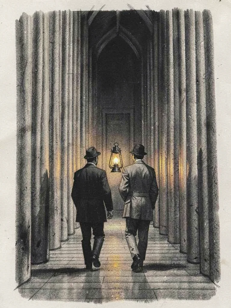 Charcoal study of two figures walking together down a long corridor of vertical 