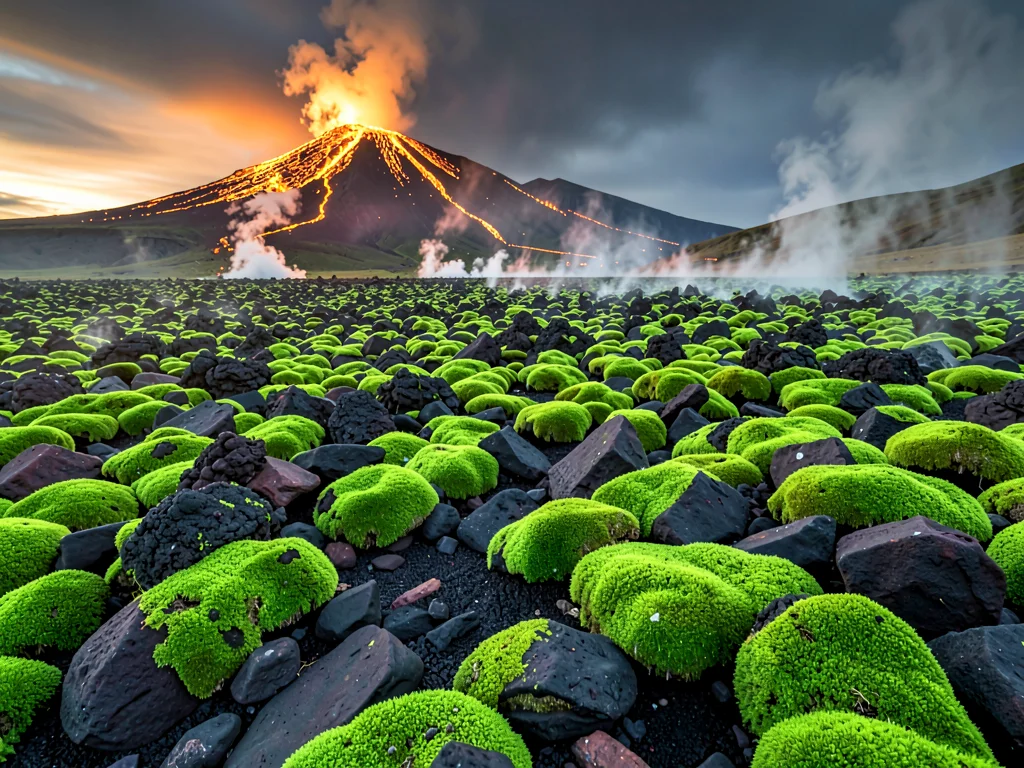 Volcanic otherworldly light in Iceland, a vast field of neon green moss covering