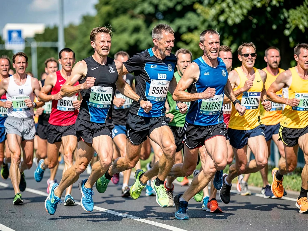Marathon runners mid-stride, telephoto stacking twenty bodies into one organism,