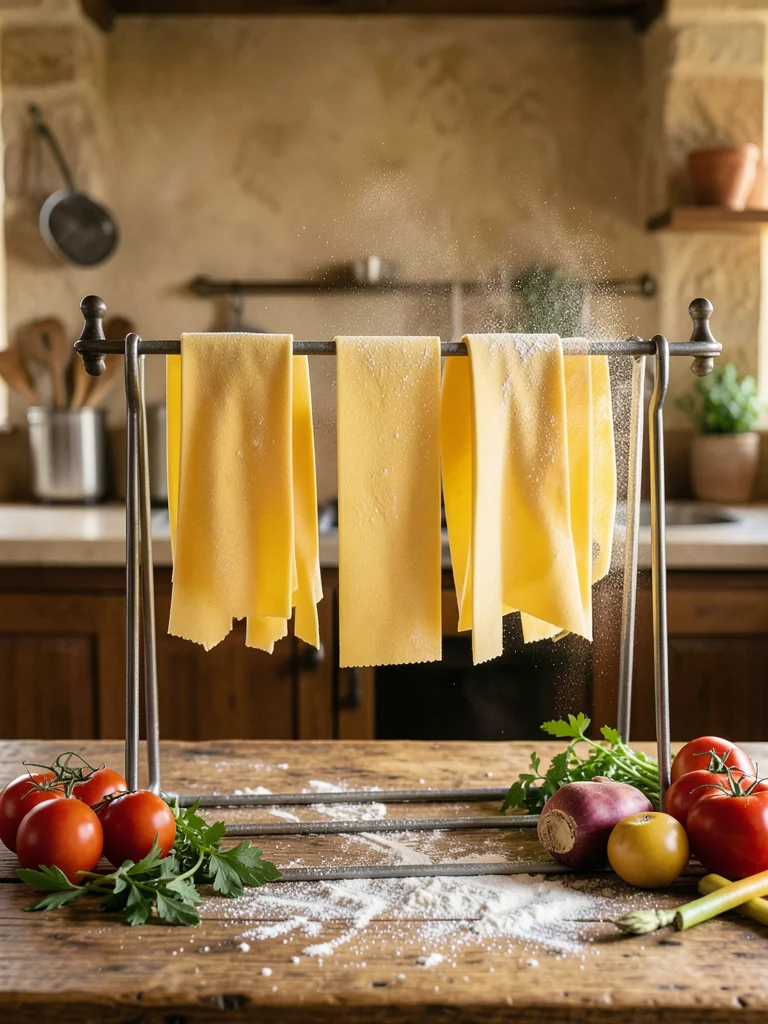Fresh pasta hanging on a drying rack, flour dusted, rustic kitchen background