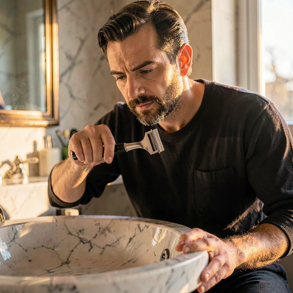 Portrait of a man at a marble basin pulling a razor in a single stroke, golden h