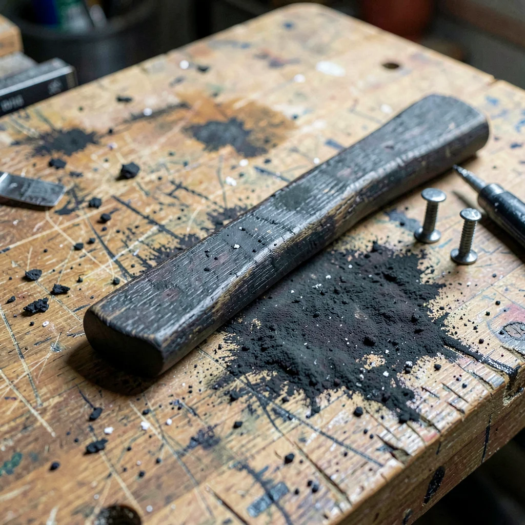 Charcoal of a heavy underpinner on a workbench, V-nails sprayed in shadow beside