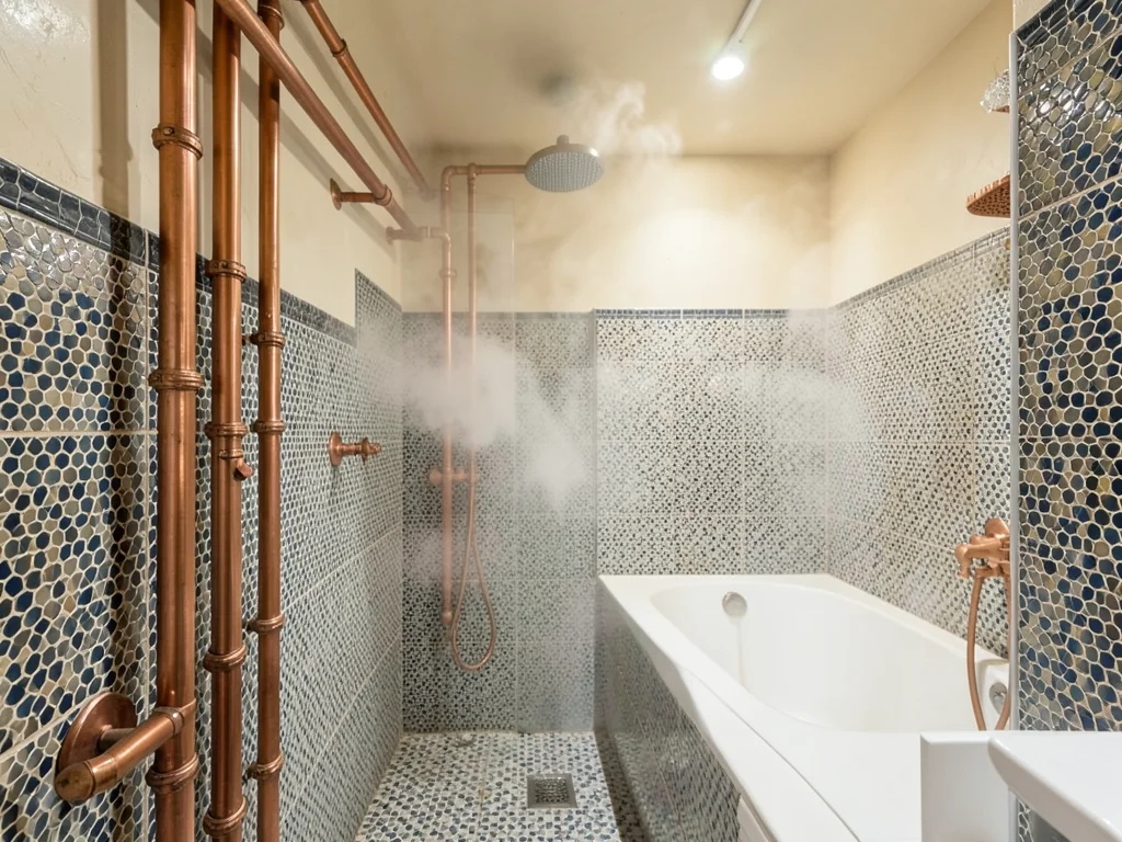 Hammam-inspired bathroom with exposed copper pipes and zellige tile, steam