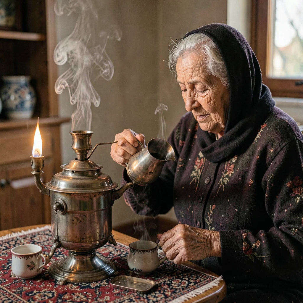A wistful Iranian grandmother in her eighties pouring tea from a samovar, lamp c