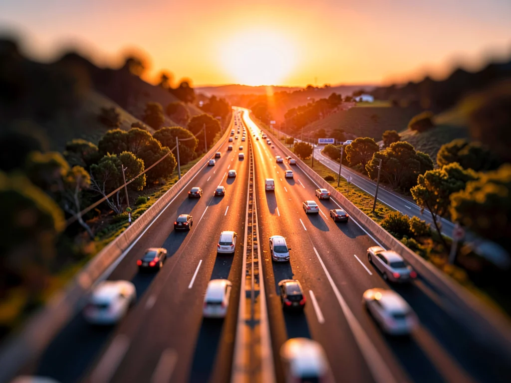 Freeway tilt-shift photograph from a hillside vantage at golden hour, saturated 