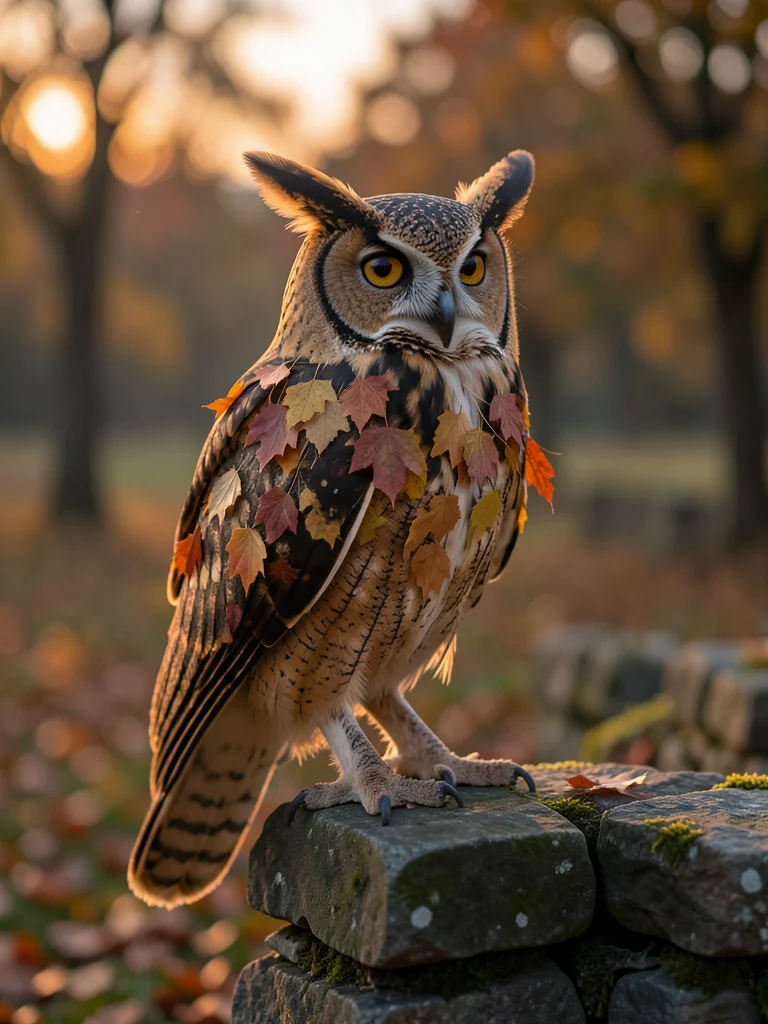 Owl with feathers that transition to autumn leaves, perched on a stone wall at d