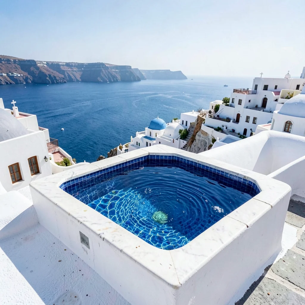 Sidi Bou Said cobalt-white, cliff-top absolute palette, Blue mosaic fountain bas