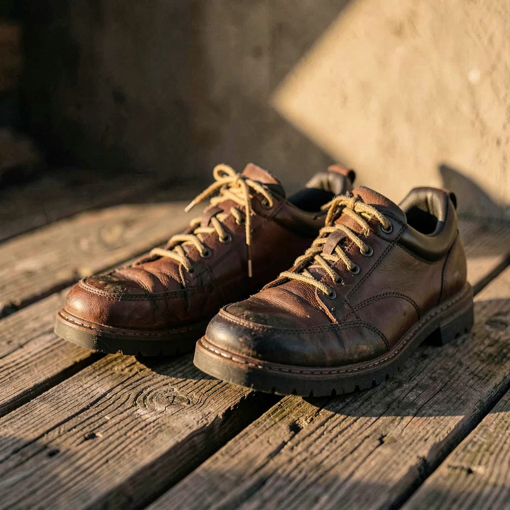 Cozy still of climbing shoes paired and resting on weathered pine planks, warm s