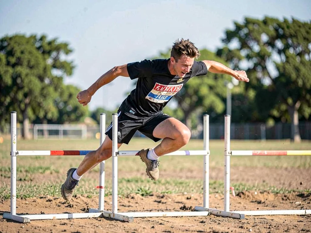 Hurdler clearing three barriers, body occupying each leap simultaneously