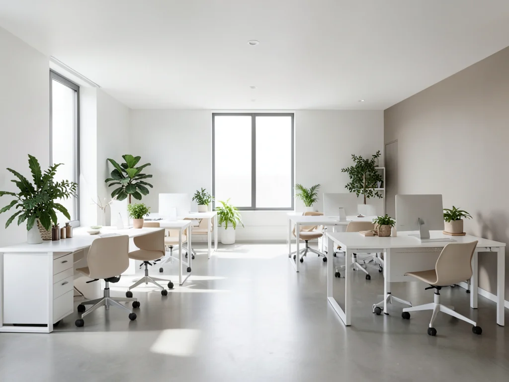 Modern open plan office with clean white desks, green plants, and natural light 