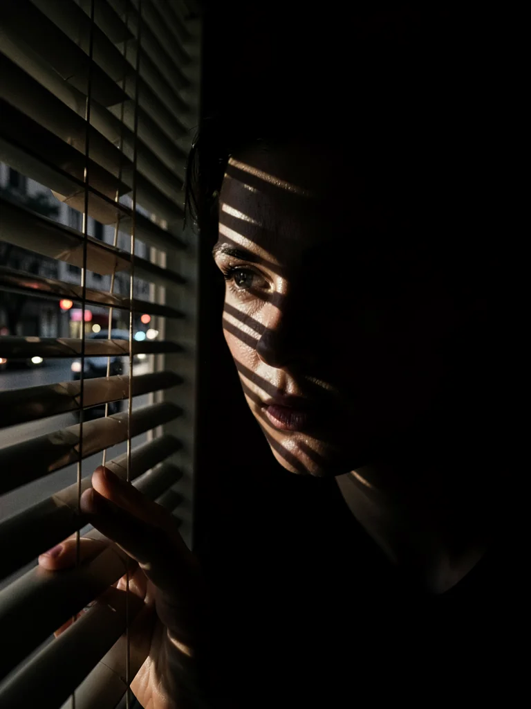 Fingers parting venetian blinds to look out, stripes of light across face reveal
