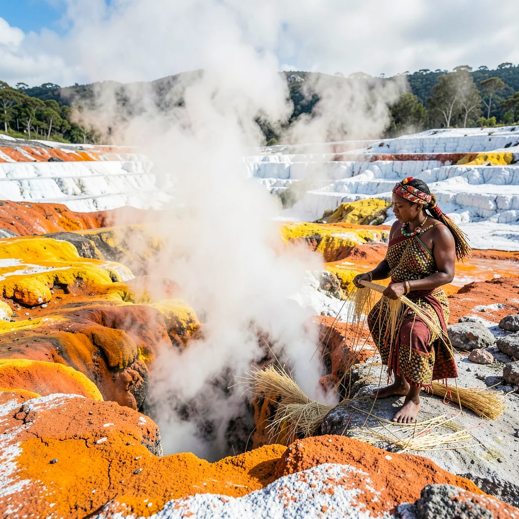 Rotorua geothermal landscape, active earth palette, Maori woman weaving flax by 