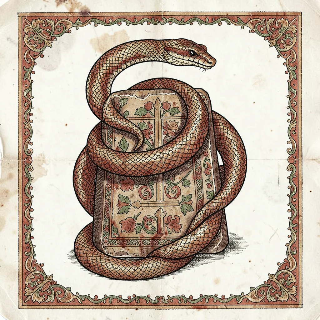 Kalamkari pen illustration, a serpent coiled around sacred stone , hand-drawn pe