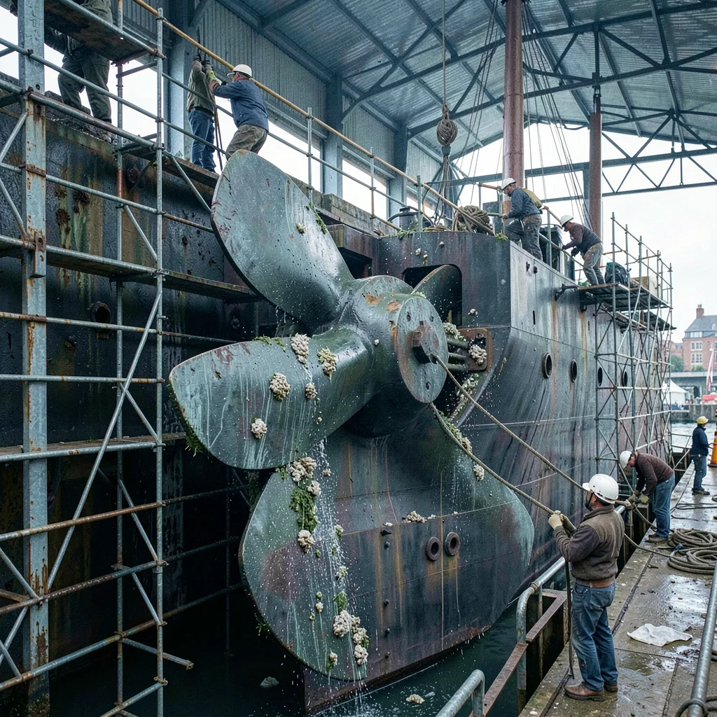 Port city documentary photograph, A ship propeller in dry dock, the bronze enorm